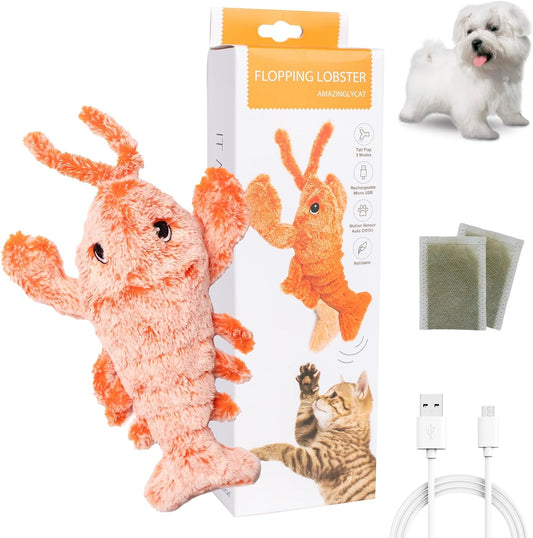 Flopping Lobster Moving Cat Toy for House Cats – Motion Activated Interactive Cat Toy with 2 Catnip Packets | USB-Charged Wiggly Lobster Toy for Dogs up to 15lbs | Soft & Washable